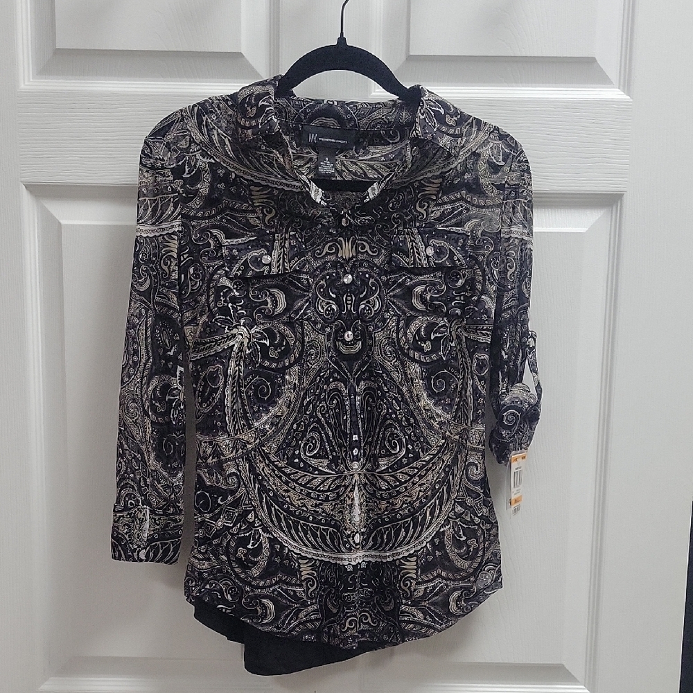 Inc International Concepts Black and Tan Patterned Women's Top Nwt Size S